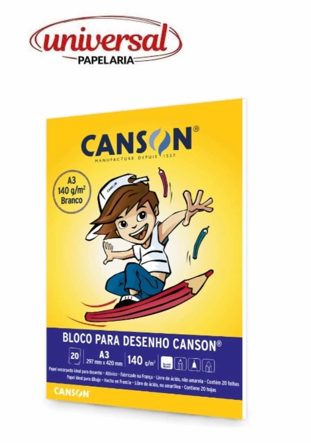 Bloco Desenho Canson Escolar Branco A3 140g/m² 20 Folhas