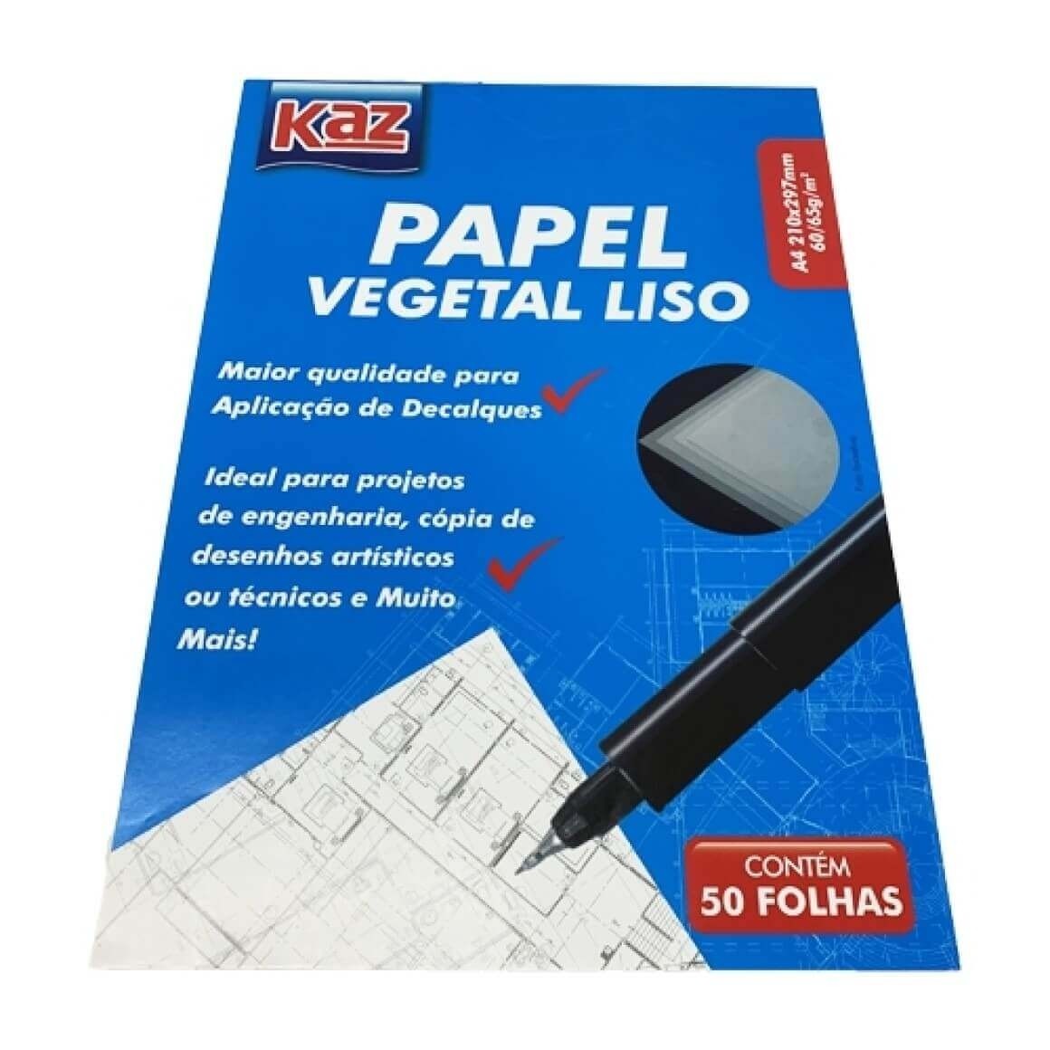 Papel Vegetal A4 63G S/Margem C/50Fls KAZ