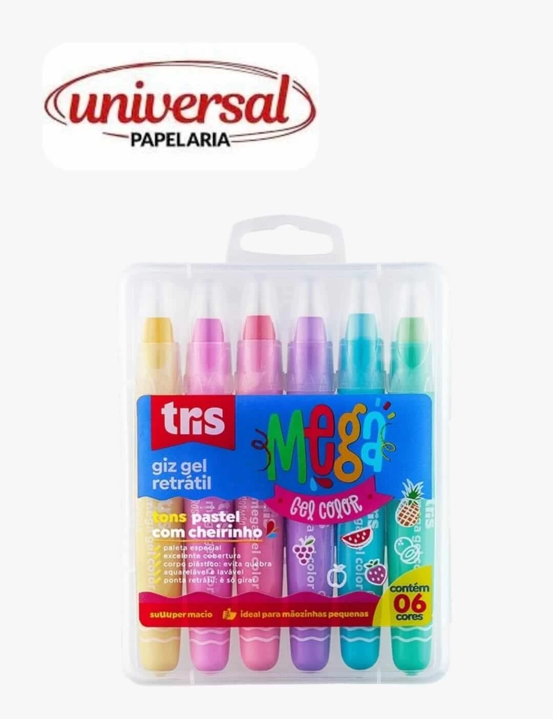 Giz De Cera Retrátil Tris Mega Gel Ton Pastel 06 Cores