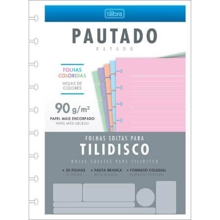 Refil Bloco Tilidisco Pautado Rayado 50Fls Soltas Coloridas 90Grs Colegial Tilibra