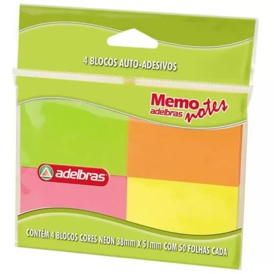 Bloco Adesivo 38X51mm Cores Neon Adelbras