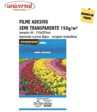 Filme Adesivo Inkjet A4 150G Semi Transparente resistente a agua Masterprint 1 Folha