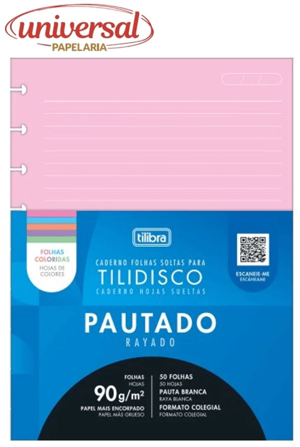 Refil Bloco Tilidisco Pautado Rayado 50Fls Soltas Coloridas 90Grs Colegial Tilibra