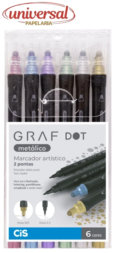 Marcador Artístico Cis Dot 2 Pontas Com 6 Cores Metálicas