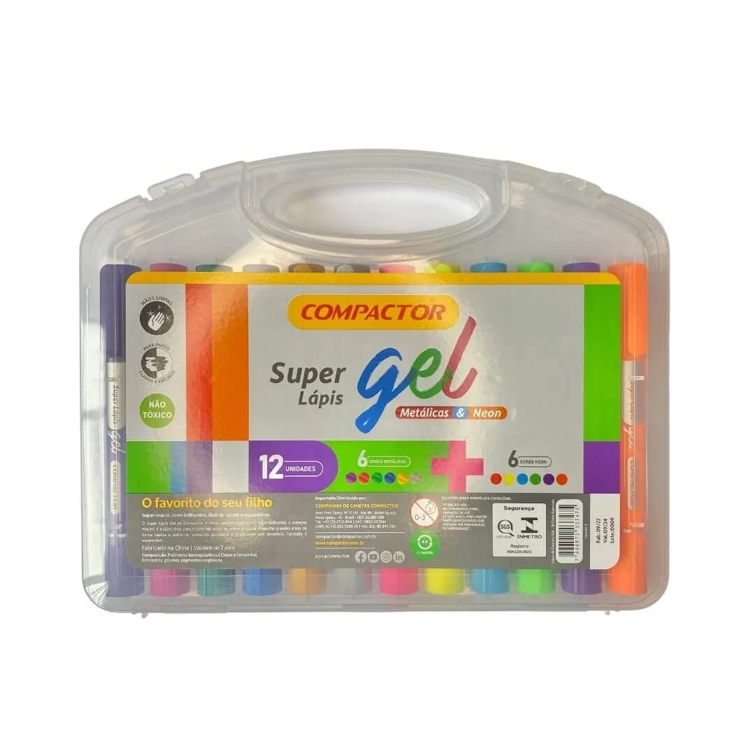 Lápis de Cera Super Lápis Gel 12 Cores Neon e Metálicas Compactor