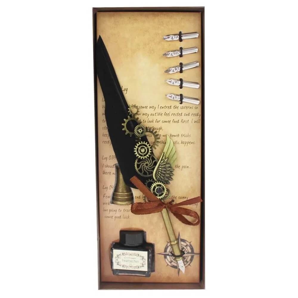 Kit Caneta Tinteiro Pena 27,9x11,5cm em Aço Inox