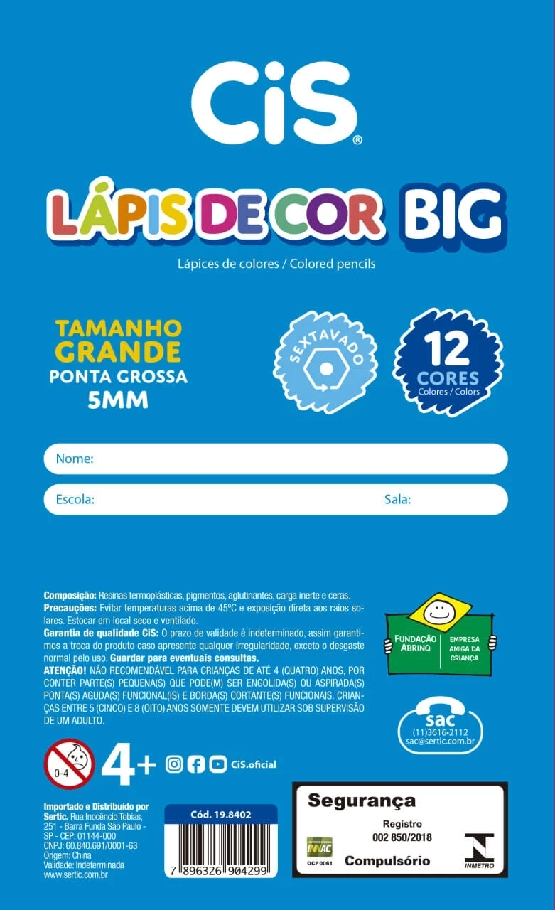Lápis de Cor Jumbo Big Cis 12 cores