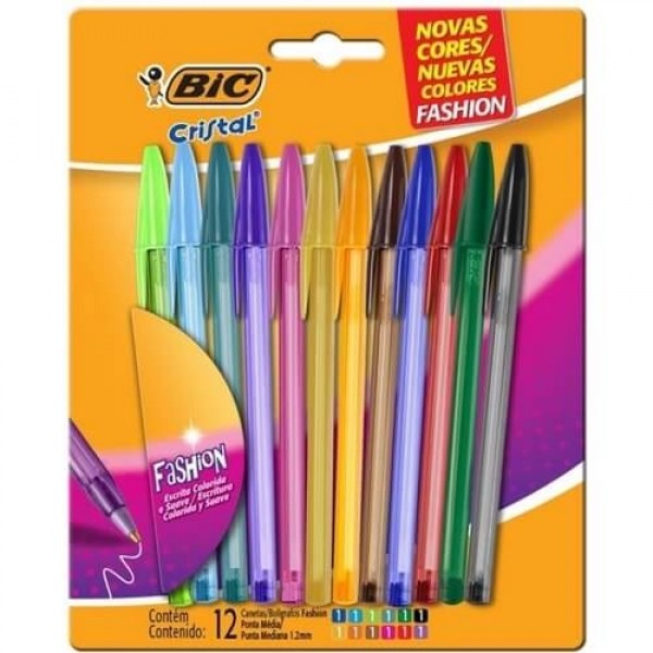 Caneta Esferográfica Cristal Fashion Dura + Com 12 Cores Bic