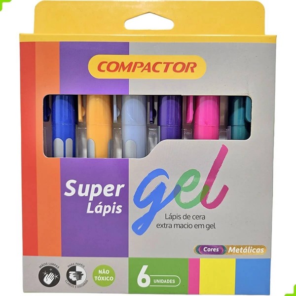 Lápis de Cera Gel Giz Retrátil Aquarelavel 6 Cores Metálicas