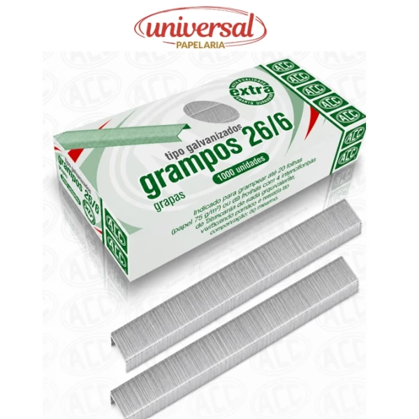 Grampos Galvanizados 26/6 Caixa com 1000 Unidades ACC