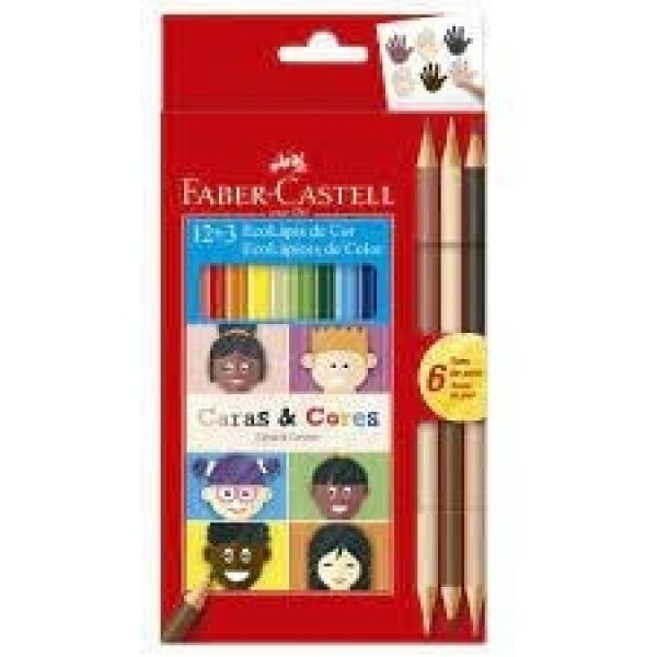 Lápis de Cor Sextavado Caras e Cores Estojo com 12 Cores + 3 Lápis Bicolor Faber-Castell