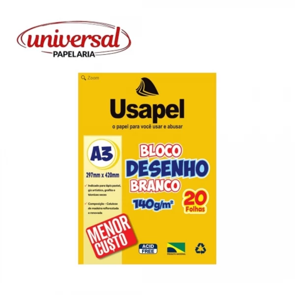Bloco Desenho Branco A3 140g/m² 20 Folhas Usapel