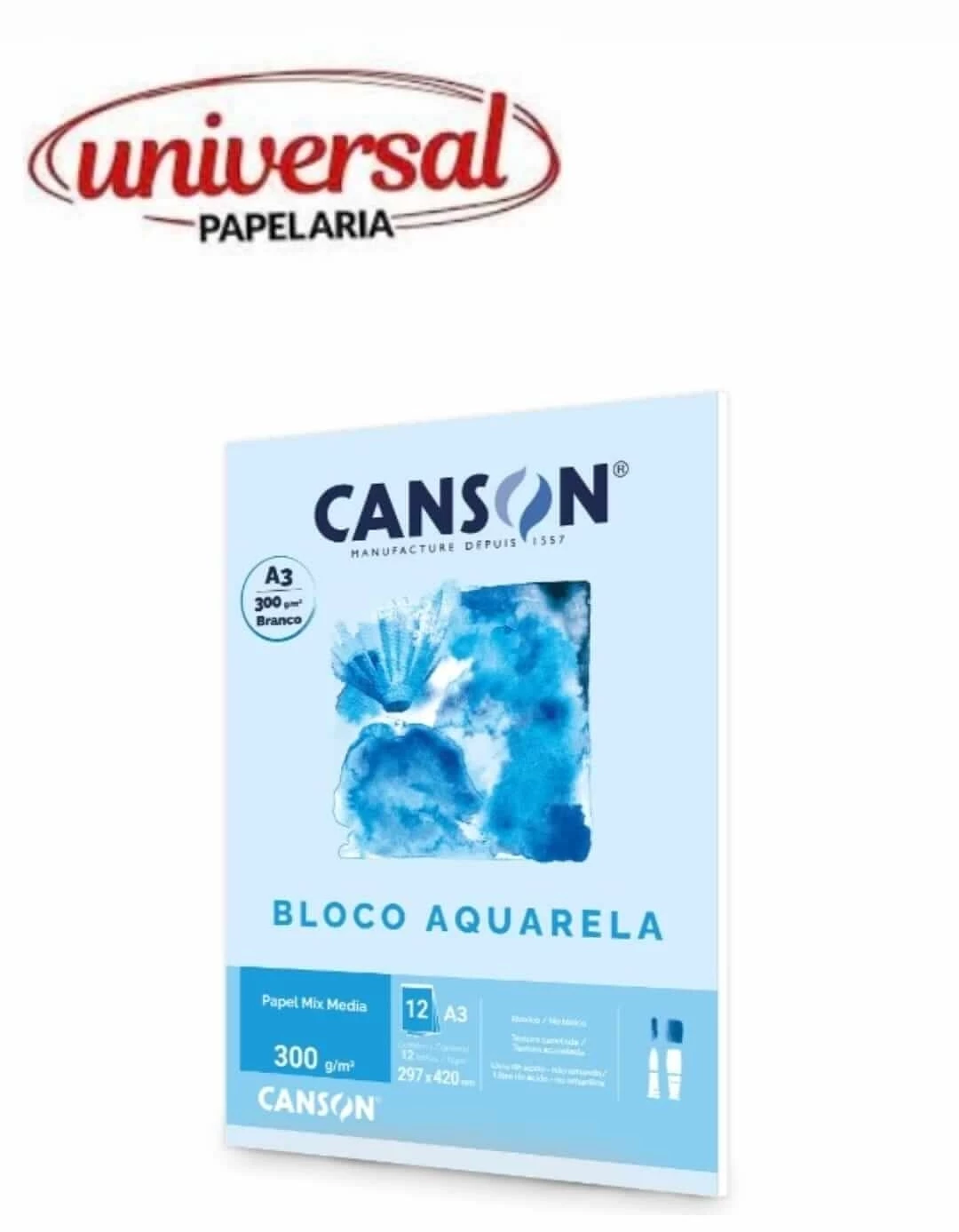 Bloco Aquarela Mix Media Branco 300 g/m² A3 12 Folhas Canson