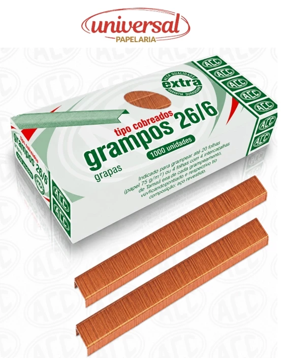 Grampos Cobreado 26/6 Caixa com 1000 Unidades ACC