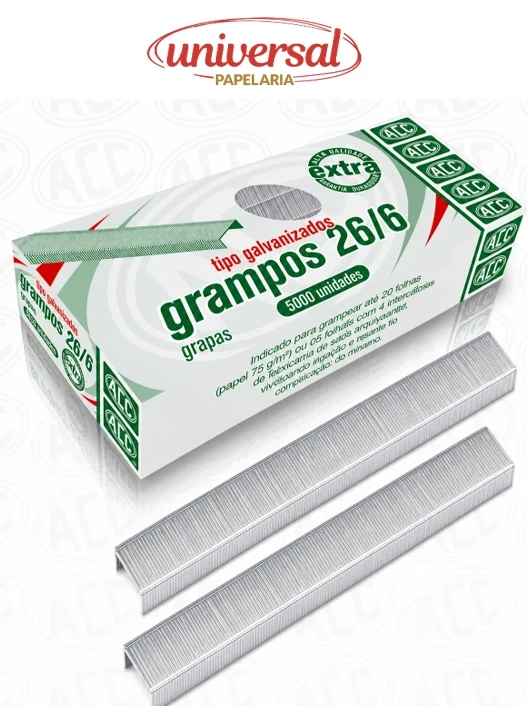 Grampos Galvanizados 26/6 Caixa com 5000 Unidades ACC
