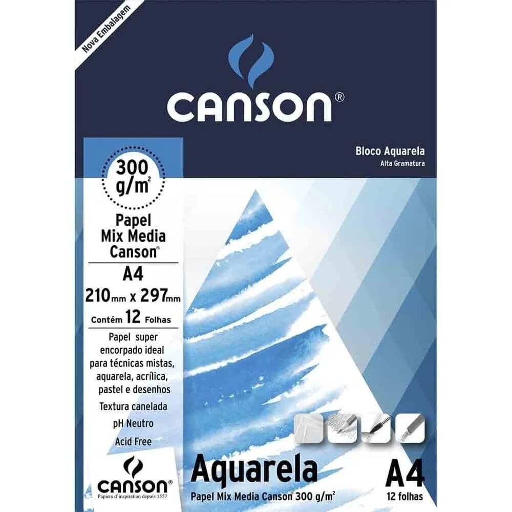 Bloco Aquarela Mix Media Branco 300 g/m² A4 12 Folhas Canson